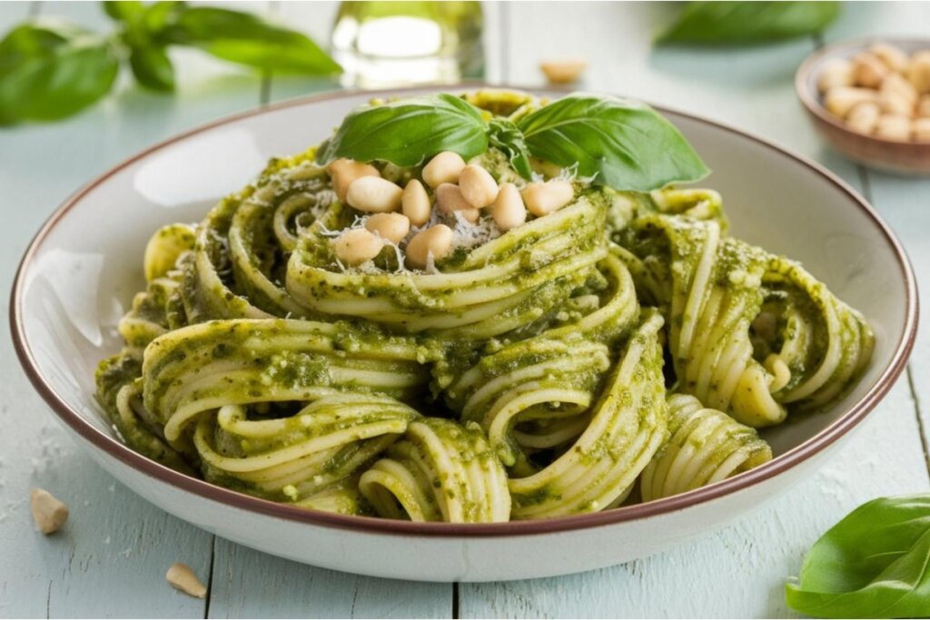 Macarrão ao molho pesto servido em prato fundo de porcelana branca 