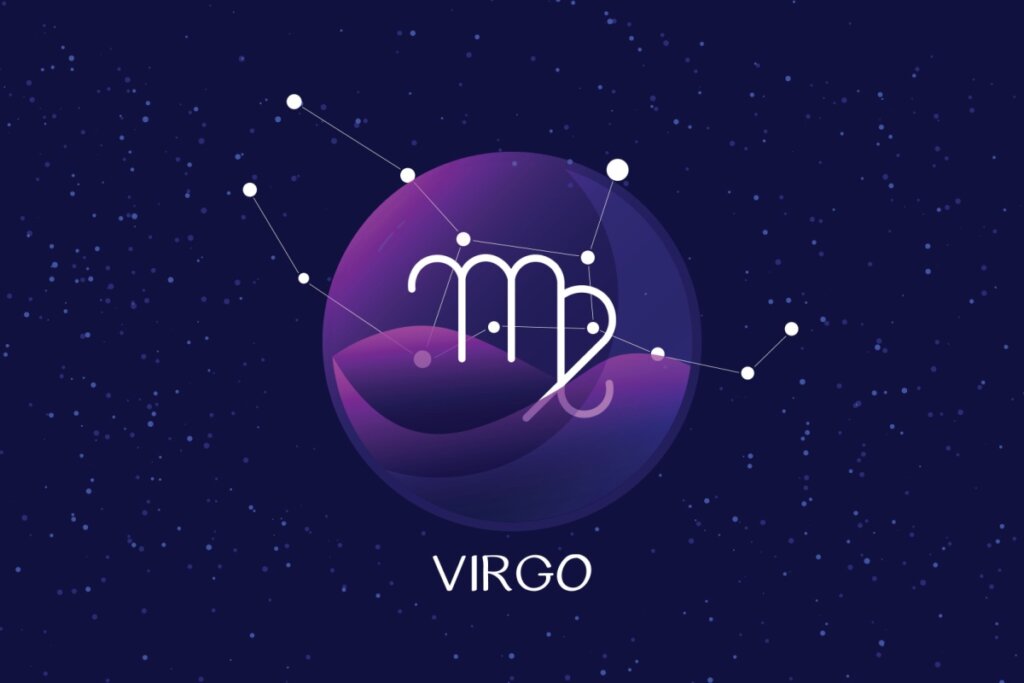 círculo roxo com o símbolo do signo de virgem e fundo de estrelas