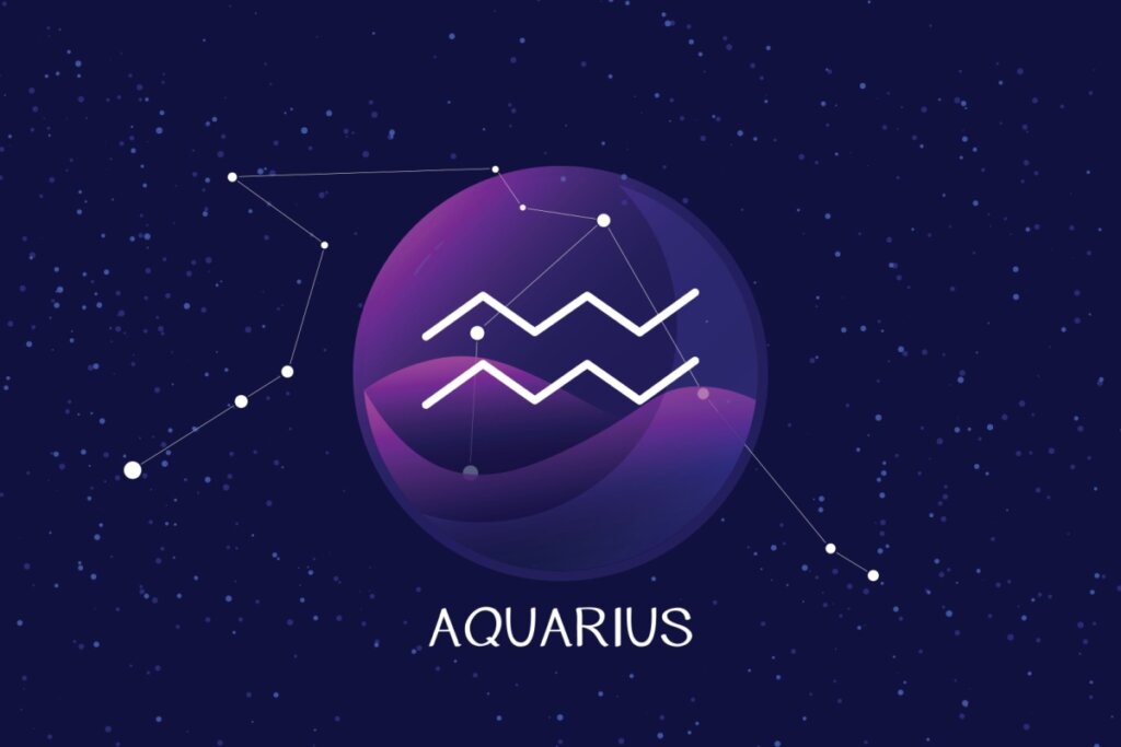 círculo roxo com o símbolo do signo de aquário e fundo de estrelas