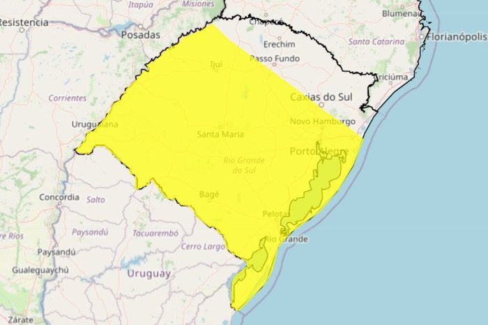 Inmet está com alerta amarelo para o Rio Grande do Sul, com "risco potencial" de chuva forte acompanhada de vento e tempestades nesta semana / Foto: Inmet; Divulgação