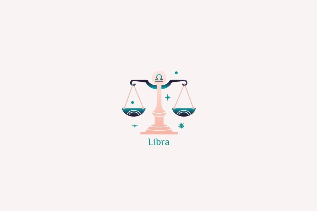 Ilustração do signo de Libra na cor rosa, verde e preto em um fundo rosa