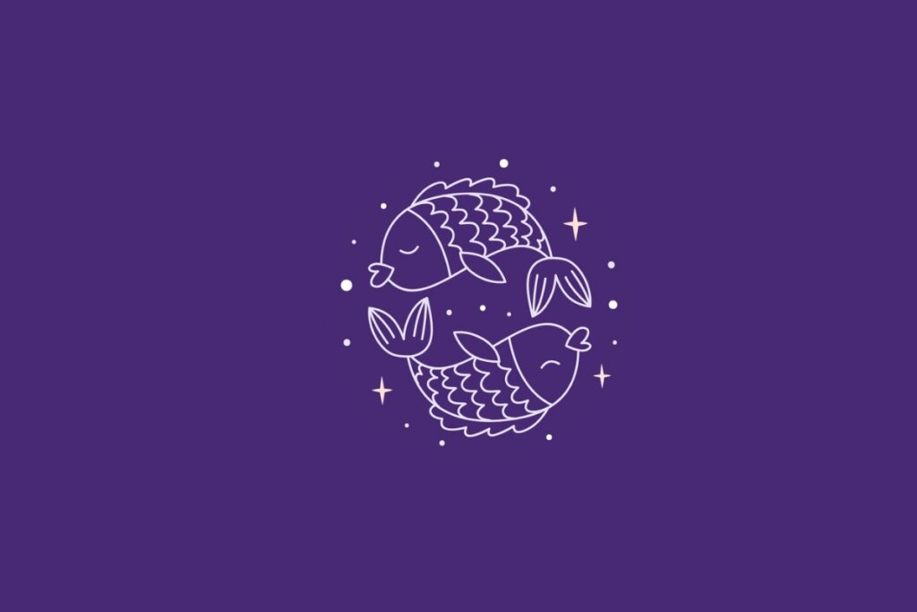 Ilustração do signo de peixes em um fundo roxo rodeado por estrelas