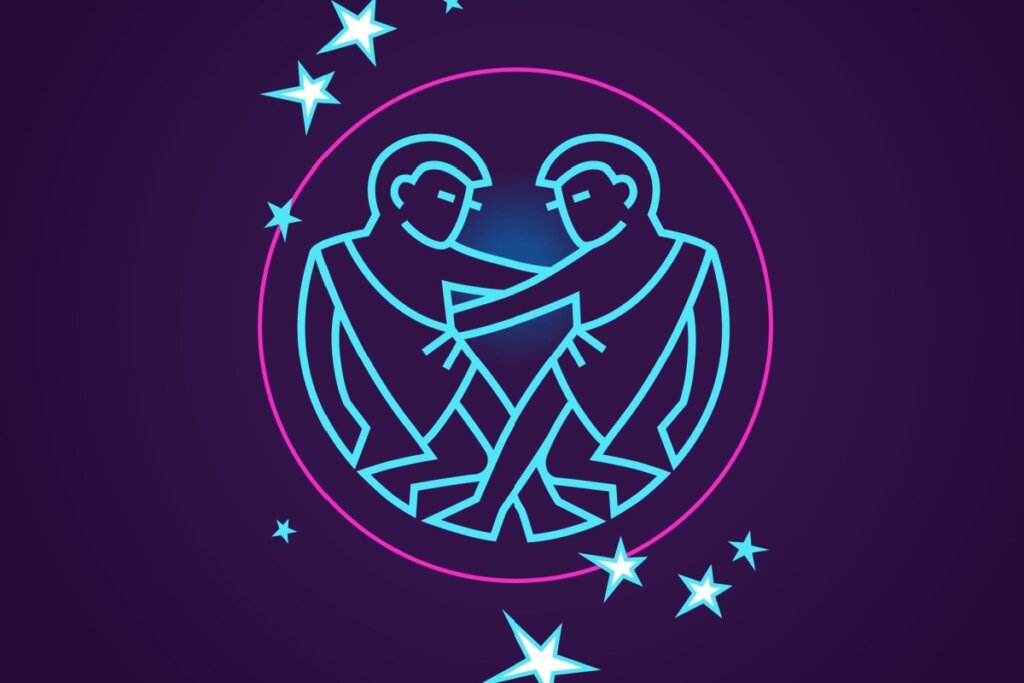 Ilustração do signo de gêmeos em azul neon dentro de um círculo rosa e com estrelas ao redor em um fundo roxo
