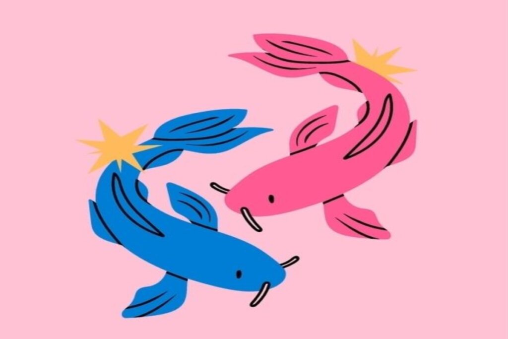 Ilustração colorida do signo de peixes em fundo rosa