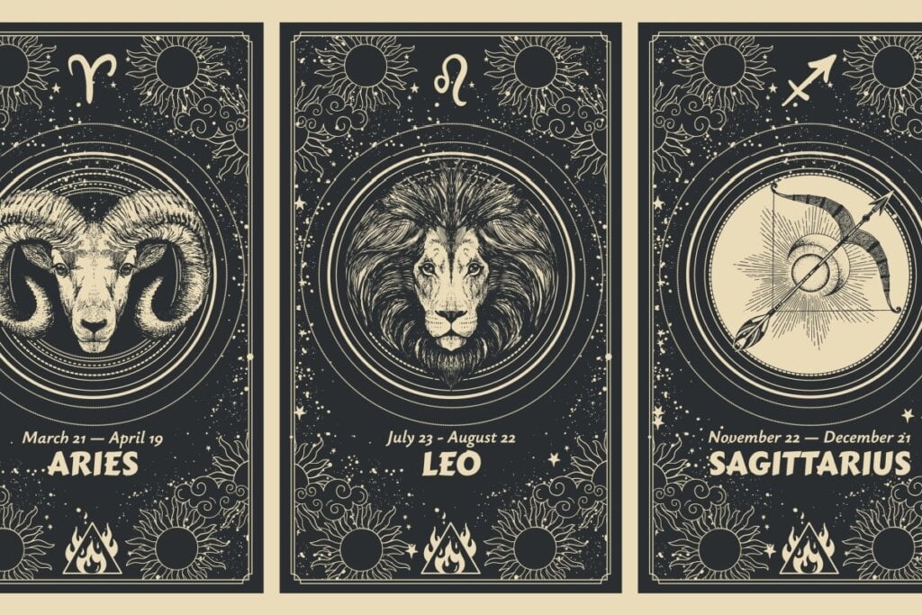 ilustração de cartas em tons de preto e bege com os Signos de Fogo: Áries, Leão e Sagitário