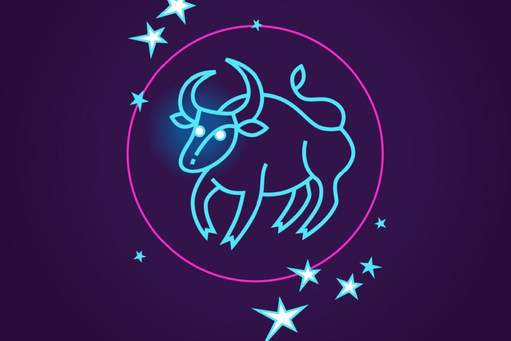 Ilustração do signo de touro em azul neon dentro de um círculo rosa e com estrelas ao redor em um fundo roxo