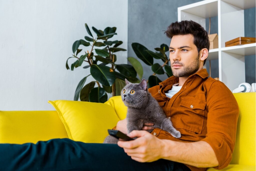 Homem sentado em um sofá amarelo, segurando um gato e assistindo televisão 