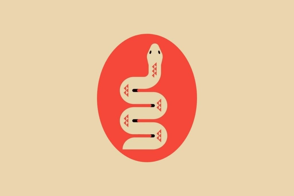 Ilustração de uma serpente dentro de um círculo vermelho em um fundo bege