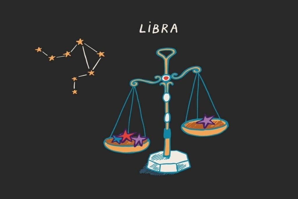 Ilustração colorida do símbolo do signo de libra em fundo preto