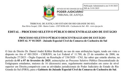 JEC da Comarca de Cachoeira abre processo para vaga de estágio