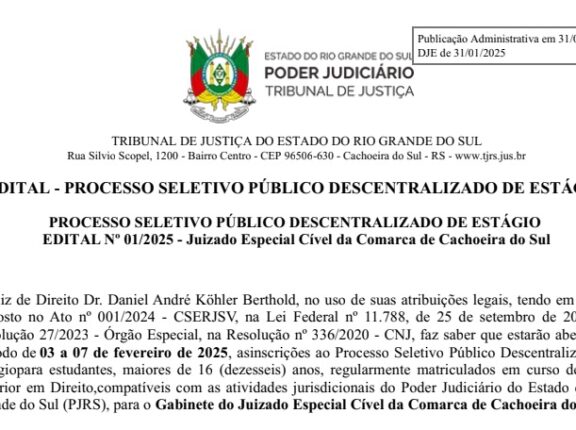 JEC da Comarca de Cachoeira abre processo para vaga de estágio