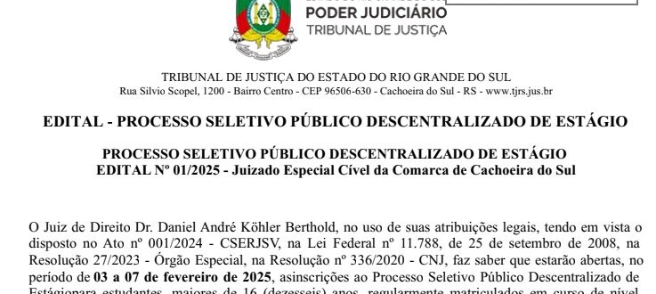 JEC da Comarca de Cachoeira abre processo para vaga de estágio