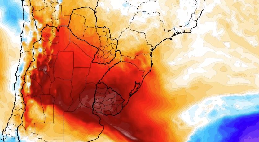 Mapa da MetSul mostra massa de ar excepcionalmente quente sobre a Argentina, o Uruguai e o Sul do Brasil nesse começo de semana | METSUL