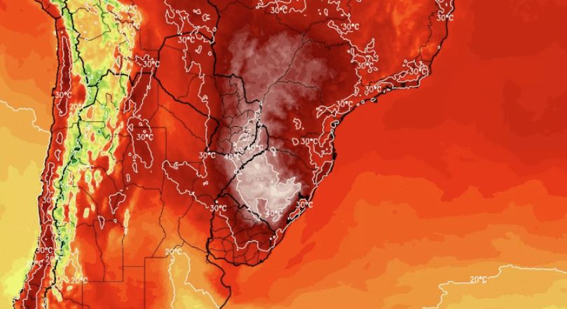 Calor extremo: mapa da MetSul mostra o Rio Grande do Sul em meio a um grande epicentro de um meteorológico intenso / Foto: MetSul/Divulgação