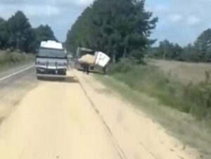 Acidente com três caminhões deixa soja espalhada na BR-153