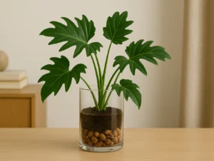 Filodendro em vaso de vidro vira peça de decoração viva com 1 detalhe no substrato